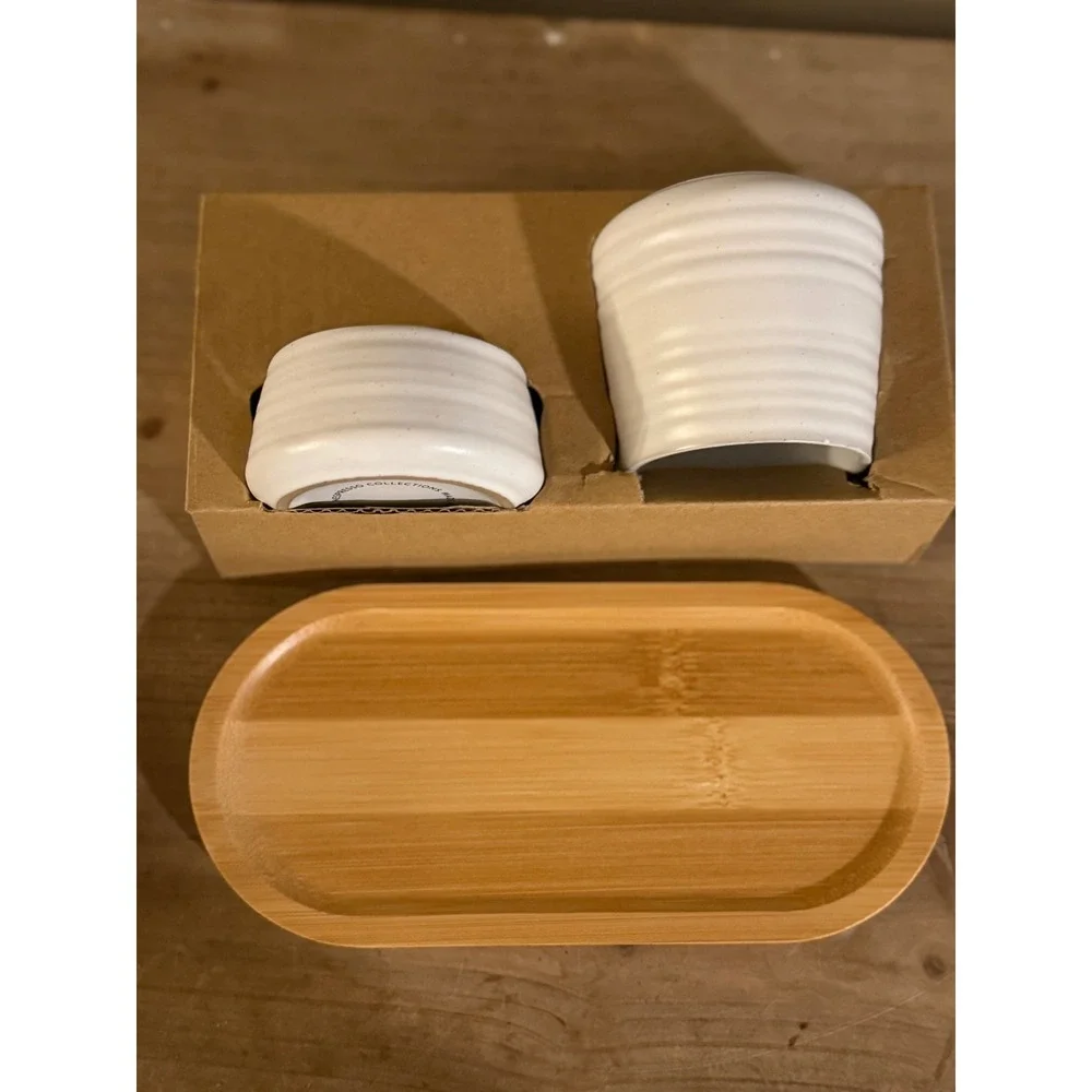 Nespresso Collections White Ceramic Sugar Bowl and Milk Jug Set with Wooden Tray
